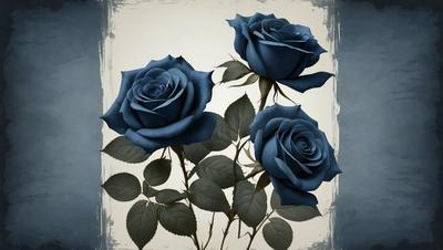 The primary subject of the image is a bouquet of three blue roses. The setting is a black and white background, which gives the image a classic and timeless feel. The visual style is a combination of photo and digital art, creating a realistic yet artistic representation of the roses. The colors and mood of the image are predominantly black and white, with the blue roses serving as the focal point and evoking a sense of elegance and sophistication.