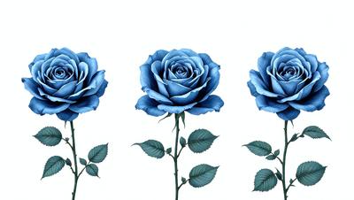 The primary subject of the image is a close-up of three blue roses. The setting is a white background, which creates a clean and minimalist appearance. The visual style is a combination of digital art and illustration, giving the image a unique and artistic touch. The dominant colors are blue and white, creating a calm and serene atmosphere.