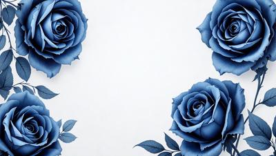 The primary subject of the image is a close-up of two blue roses. The setting is a white wall, which serves as the background. The visual style is a digital art or illustration, as the roses are depicted in a detailed and realistic manner. The colors and mood of the image are predominantly blue, creating a calm and serene atmosphere.