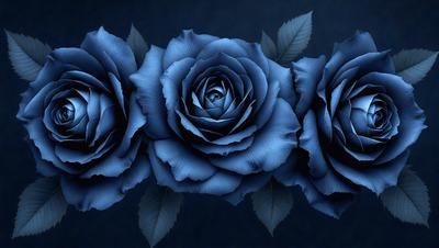 The primary subject of the image is a bouquet of three blue roses. The setting is a dark background, which creates a dramatic and moody atmosphere. The visual style is a close-up of the flowers, emphasizing their vibrant blue color. The overall mood of the image is serene and captivating.