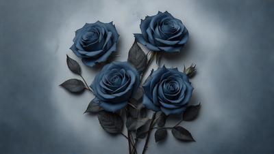 The primary subject of the image is a bouquet of three blue roses. The setting is a white background, which provides a clean and minimalist appearance. The visual style is a combination of photo and digital art, creating a realistic yet artistic representation of the flowers. The colors and mood of the image are predominantly blue, giving it a calm and serene atmosphere.