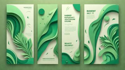 The primary subject of the image is a set of three green posters or banners. The setting is a green background, which complements the color of the posters. The visual style is a combination of digital art and illustration, creating a unique and eye-catching design. The colors and mood of the posters are predominantly green, giving them a fresh and lively appearance.