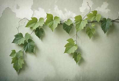 The primary subject of the image is a green vine growing on a wall. The setting is a white wall, and the visual style appears to be a photo. The dominant colors are green and white, creating a calm and natural atmosphere.