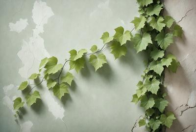 The primary subject of the image is a green vine growing on a wall. The setting is a white wall, and the visual style appears to be a digital art or illustration. The dominant colors are green and white, creating a calm and natural atmosphere.