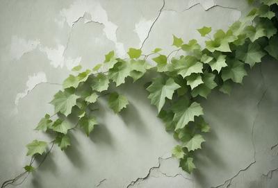 The primary subject of the image is a green plant with large leaves, growing on a wall. The plant is surrounded by a brick wall, which adds a textured and natural element to the scene. The visual style of the image is a combination of photo and digital art, creating a realistic yet artistic representation of the plant. The colors and mood of the image are predominantly green, which adds a sense of freshness and vitality to the scene.