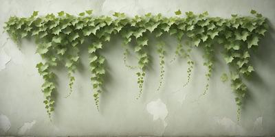 The primary subject of the image is a green vine growing on a wall. The setting is a green wall with a pattern of leaves, giving the impression of a leafy wallpaper. The visual style is a combination of a photo and digital art, creating a unique and artistic representation of the vine. The colors and mood are predominantly green, with a touch of brown from the wallpaper, giving the scene a natural and serene atmosphere.