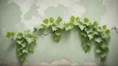 The primary subject of the image is a green vine with leaves growing on a wall. The setting is a green wall, and the visual style is a photo. The dominant colors are green and white, creating a calm and natural atmosphere.
