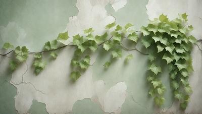 The primary subject of the image is a green vine growing on a wall. The setting is a green wall, and the visual style is a photo. The dominant colors are green and white, creating a calm and natural atmosphere.