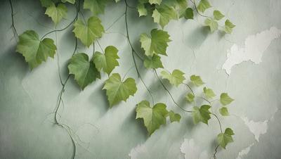 The primary subject of the image is a large green vine with leaves growing on a wall. The setting is a green wall, and the visual style is a close-up of the vine. The dominant colors are green, and the overall atmosphere is lush and natural.
