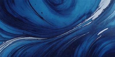 The primary subject of the image is a blue and white painting of a wave. The setting is a blue background, and the visual style appears to be a digital art or illustration. The dominant colors are blue and white, creating a calm and serene atmosphere.