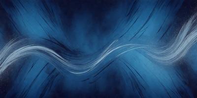 The primary subject of the image is a blue ocean with waves. The setting is a dark blue background, which creates a dramatic and moody atmosphere. The visual style is a digital art or illustration, as the waves are depicted in a detailed and artistic manner. The colors and mood of the image are predominantly dark and mysterious, with the blue ocean and waves as the main focus.