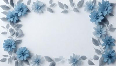 The primary subject of the image is a white frame with a blue border, featuring a pattern of blue flowers. The setting is a white background, and the visual style appears to be a combination of digital art and illustration. The dominant colors are blue and white, creating a calm and serene atmosphere.