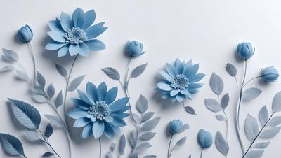 The primary subject of the image is a blue flower, which is the main object, scene, or focus of the image. The setting is a white wall, and the visual style is a digital art or illustration. The dominant colors are blue and white, creating a calm and serene atmosphere.