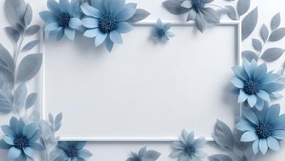The primary subject of the image is a white board with blue flowers painted on it. The setting is a white wall, and the visual style is a painting or drawing. The colors and mood of the image are predominantly blue, creating a calm and serene atmosphere.