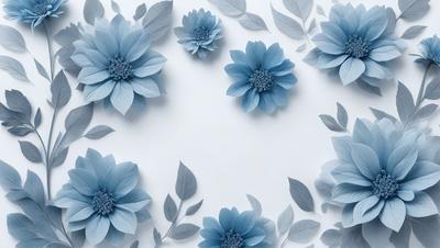 The primary subject of the image is a collection of blue flowers, which are arranged in a visually appealing manner. The flowers are placed on a white background, which creates a striking contrast between the blue flowers and the white surface. The visual style of the image is a combination of photo and digital art, as it appears to be a close-up of the flowers, yet the overall atmosphere is serene and calming. The dominant colors in the image are blue and white, which contribute to the peaceful and soothing mood of the