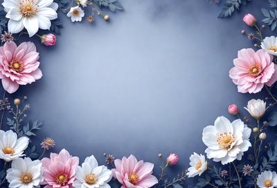 The primary subject of the image is a blue background with a white frame, featuring a variety of flowers. The setting is a blue wall with a white frame, and the visual style is a combination of photo and digital art. The dominant colors are blue and white, creating a calm and serene atmosphere.