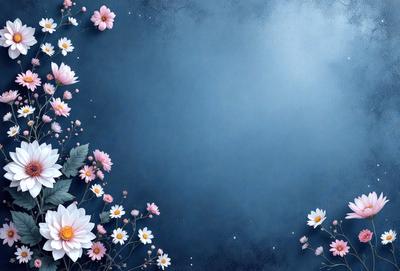 The primary subject of the image is a blue background with a flower pattern. The setting is a blue wall, and the visual style is a digital art or illustration. The dominant colors are blue and white, creating a calm and serene atmosphere.