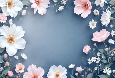 The primary subject of the image is a bouquet of white flowers, which are the main objects in the scene. The flowers are arranged in a circular pattern, creating a visually appealing composition. The setting is a blue background, which adds a sense of depth and contrast to the image. The visual style is a close-up of the flowers, showcasing their details and beauty. The colors and mood of the image are predominantly white, which gives it a clean, fresh, and serene atmosphere.