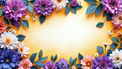 The primary subject of the image is a large, colorful flower arrangement. The setting is a yellow wall, which serves as a vibrant backdrop for the flowers. The visual style is a combination of photo and digital art, creating a realistic yet artistic representation of the flowers. The colors and mood of the image are predominantly purple and pink, giving it a warm and inviting atmosphere.