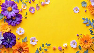 The primary subject of the image is a yellow background with a variety of flowers arranged on it. The flowers are in different colors, creating a vibrant and lively scene. The setting is a yellow wall, which serves as the background for the flowers. The visual style of the image is a combination of photo and digital art, as it features a close-up view of the flowers and a well-organized arrangement. The colors and mood of the image are bright, cheerful, and inviting, with the flowers adding a touch