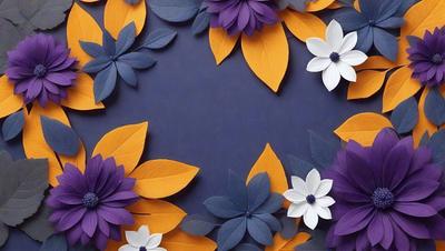The primary subject of the image is a collection of paper flowers, which are arranged in a visually appealing manner. The flowers are displayed on a blue background, creating a striking contrast. The visual style of the image is a combination of digital art and illustration, as the flowers are crafted from paper and then digitally arranged on the blue surface. The colors and mood of the image are predominantly purple and blue, giving it a calm and serene atmosphere.