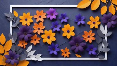The primary subject of the image is a collection of colorful flowers, including purple, orange, and yellow ones, arranged on a blue surface. The setting appears to be a table or a similar surface, with the flowers placed on top of it. The visual style of the image is a combination of photo and digital art, creating a vibrant and lively atmosphere. The dominant colors in the image are blue, purple, orange, and yellow, which contribute to the overall mood of the scene.