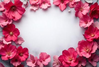 The primary subject of the image is a white background with a circle of pink flowers. The flowers are arranged in a circular pattern, creating a visually appealing and harmonious composition. The setting appears to be a studio or a controlled environment, as the flowers are placed on a table or a similar surface. The visual style of the image is a combination of photography and digital art, as the flowers are captured in a close-up shot, while the overall composition and arrangement of the flowers give the impression of a digital artwork.