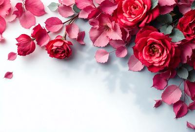 The primary subject of the image is a bouquet of red and pink flowers. The flowers are arranged in a vase, creating a beautiful and colorful display. The setting is a white background, which provides a clean and minimalist look to the image. The visual style is a close-up of the flowers, allowing the viewer to appreciate the details and beauty of the bouquet. The colors and mood of the image are predominantly warm and inviting, with the red and pink flowers evoking feelings of love and