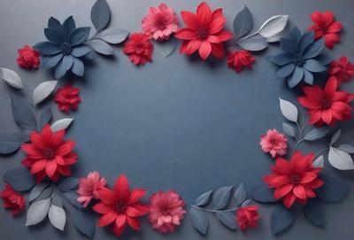 The primary subject of the image is a large, round, blue background with a wreath of red flowers and green leaves. The setting is a blue wall, and the visual style is a combination of photo and digital art. The dominant colors are red and blue, creating a vibrant and lively atmosphere.