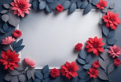 The primary subject of the image is a white frame with a red flower design. The setting is a white background, and the visual style appears to be a combination of digital art and illustration. The dominant colors are red and white, creating a vibrant and lively atmosphere.