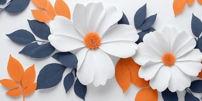 The primary subject of the image is a white flower with an orange center, surrounded by other white flowers. The setting is a white wall, and the visual style appears to be a combination of photo and digital art. The dominant colors are white and orange, creating a warm and vibrant atmosphere.