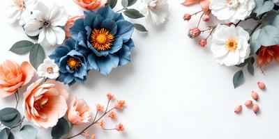 The primary subject of the image is a bouquet of flowers, which are arranged in a vase. The flowers are predominantly blue and orange, creating a visually appealing contrast. The setting is a white wall, which serves as a clean and neutral backdrop for the flowers. The visual style of the image is a close-up of the flowers, showcasing their details and colors. The overall atmosphere of the image is bright, cheerful, and inviting.