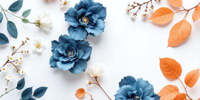 The primary subject of the image is a bouquet of blue flowers, including white flowers, arranged on a white background. The visual style of the image is a photo, capturing the beauty of the flowers in their natural setting. The colors and mood of the image are predominantly blue and white, creating a serene and calming atmosphere.