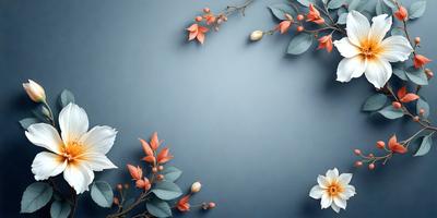 The primary subject of the image is a blue wall with a flower arrangement on it. The setting is a room with a blue background, and the visual style is a combination of photo and digital art. The dominant colors are blue and white, creating a calm and serene atmosphere.