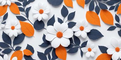 The primary subject of the image is a white flower with an orange center, surrounded by a variety of orange and blue leaves. The setting is a white wall, and the visual style appears to be a combination of digital art and illustration. The dominant colors in the image are white, orange, and blue, creating a warm and vibrant atmosphere.