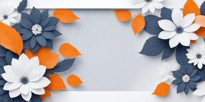 The primary subject of the image is a white frame with orange and blue leaves. The leaves are arranged in a pattern, creating a visually appealing design. The setting is a white background, which provides a clean and minimalist appearance. The visual style is a combination of digital art and illustration, as the leaves are carefully crafted and placed to create a cohesive and aesthetically pleasing composition. The colors and mood of the image are predominantly warm and inviting, with the orange and blue leaves adding a