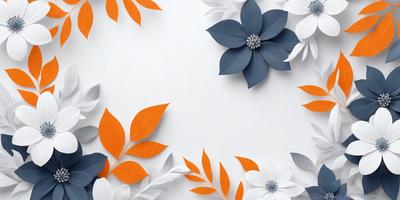 The primary subject of the image is a wall adorned with a variety of orange and white flowers. The flowers are made of paper and are arranged in a visually appealing manner. The setting is a white wall, which serves as a clean and neutral backdrop for the paper flowers. The visual style of the image is a combination of digital art and illustration, as the flowers are created using paper and then digitally arranged on the wall. The colors and mood of the image are vibrant and lively, with the orange