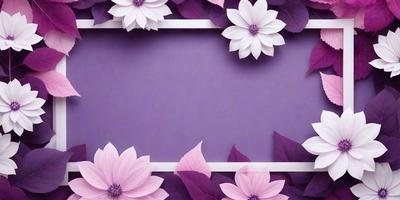 The primary subject of the image is a purple background with white flowers. The setting is a purple wall with a white frame, and the visual style is a combination of digital art and illustration. The dominant colors are purple and white, creating a calm and serene atmosphere.