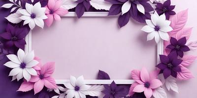 The primary subject of the image is a purple frame with a white background. The frame is adorned with pink and purple flowers, creating a visually appealing and elegant design. The setting appears to be a decorative piece, possibly for a home or event. The visual style of the image is a combination of digital art and illustration, as the flowers are carefully crafted and placed within the frame. The colors and mood of the image are predominantly pink and purple, giving it a warm and inv