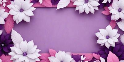 The primary subject of the image is a purple frame with a blank white space in the center. The setting is a floral arrangement, with pink flowers surrounding the frame. The visual style is a combination of digital art and illustration, creating a vibrant and colorful scene. The dominant colors are purple and pink, giving the image a warm and inviting atmosphere.