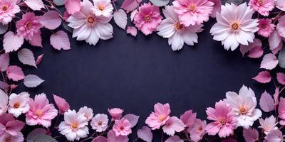 The primary subject of the image is a bouquet of pink flowers. The flowers are arranged in a visually appealing manner, creating a sense of beauty and elegance. The setting is a dark background, which contrasts with the vibrant pink flowers, making them stand out even more. The visual style of the image is a close-up of the flowers, showcasing their details and textures. The colors and mood of the image are predominantly pink, which evokes feelings of warmth, love