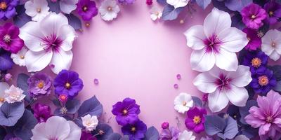 The primary subject of the image is a bouquet of purple flowers, which are the main focus of the scene. The flowers are arranged in a circular pattern, creating a visually appealing composition. The setting is a pink background, which adds a contrasting color to the overall atmosphere. The visual style of the image is a combination of photo and digital art, as it appears to be a close-up of the flowers with a slightly blurred background. The dominant colors in the image are purple and pink, creating a