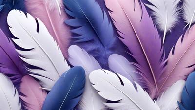 The primary subject of the image is a close-up of a variety of feathers, showcasing their different colors and textures. The setting is a background of a purple and pink feathered pattern, which adds a vibrant and lively atmosphere to the scene. The visual style is a combination of a photo and digital art, creating a realistic yet artistic representation of the feathers. The colors and mood of the image are predominantly purple and pink, giving it a warm and inviting