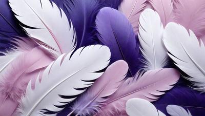 The primary subject of the image is a close-up of a pink and purple feather. The setting is a white background, which contrasts with the vibrant colors of the feather. The visual style is a realistic representation of the feather, showcasing its intricate details. The dominant colors in the image are pink and purple, creating a warm and inviting atmosphere.