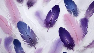 The primary subject of the image is a collection of purple and white feathers. These feathers are arranged in a pattern, covering the entire image. The setting is a white surface, which provides a clean and uncluttered backdrop for the feathers. The visual style of the image is a close-up of the feathers, showcasing their intricate details and textures. The dominant colors in the image are purple and white, creating a calm and serene atmosphere.