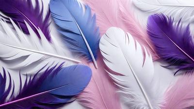 The primary subject of the image is a collection of feathers, which are displayed on a white surface. The feathers come in various colors, including pink, blue, and white. The setting is a white background, which provides a clean and minimalistic look to the image. The visual style is a close-up of the feathers, showcasing their intricate details and textures. The colors and mood of the image are vibrant and lively, with the pink, blue, and white feathers creating a