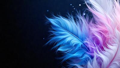 The primary subject of the image is a blue and white feather. The setting is a dark background, which contrasts with the vibrant colors of the feather. The visual style is a close-up of the feather, showcasing its intricate details. The dominant colors are blue and white, creating a serene and calming atmosphere.