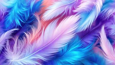 The primary subject of the image is a close-up of a feather, showcasing its intricate details and texture. The setting is a colorful background, featuring a mix of blue, purple, and pink hues. The visual style is a combination of a photo and digital art, creating a vibrant and artistic representation of the feather. The colors and mood of the image are lively and energetic, with the vivid colors and patterns evoking a sense of beauty and natural wonder.