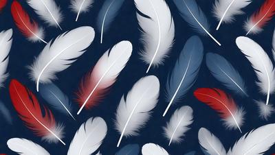 The primary subject of the image is a collection of white and red feathers. The feathers are arranged in a pattern, creating a visually appealing and artistic display. The setting is a dark blue background, which contrasts with the vibrant colors of the feathers. The visual style of the image is a combination of digital art and illustration, showcasing the intricate details of the feathers. The colors and mood of the image are predominantly white and red, giving it a warm and inviting atmosphere