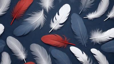 The primary subject of the image is a collection of various feathers, including red and white ones. The feathers are arranged in a visually appealing manner, creating a sense of depth and dimension. The setting is a blue surface, which serves as a striking backdrop for the feathers. The visual style of the image is a combination of photo and digital art, as it captures the intricate details of the feathers while maintaining a sense of realism. The colors and mood of the image are predominantly blue and